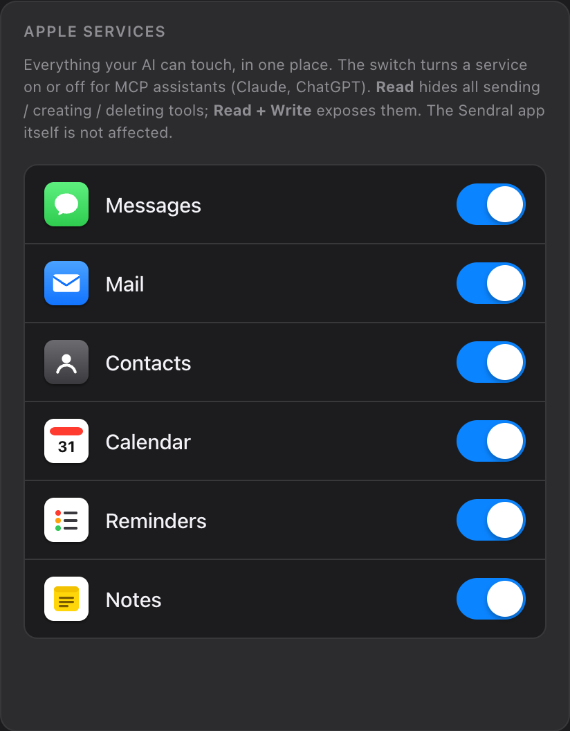 Sendral settings showing per-service on/off toggles for Messages, Mail, Contacts, Calendar, Reminders, and Notes